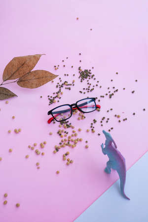 Fashion and beauty concept lying flat with square glasses, women's accessories on pink background.の写真素材