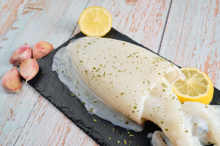 Cuttlefish sepia on dark stone plate with lemon and garlic copy space wood background fresh and...