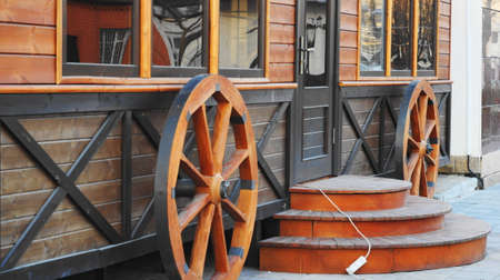 A wooden shopping pavilion in retro style for street trading. Pedestrian street in Nalchik.の写真素材