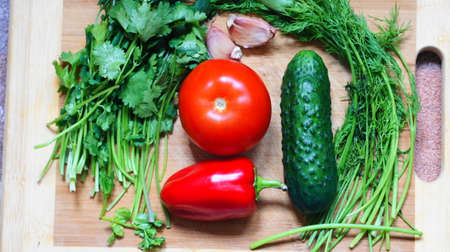 Still life with vegetables. A set of vegetables consisting of tomato, cucumber, bell pepper, parsley, dill and garlic. This is on the cutting board.の写真素材