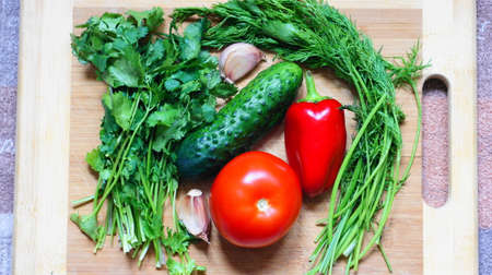 Still life with vegetables. A set of vegetables consisting of tomato, cucumber, bell pepper, parsley, dill and garlic. This is on the cutting board.の写真素材