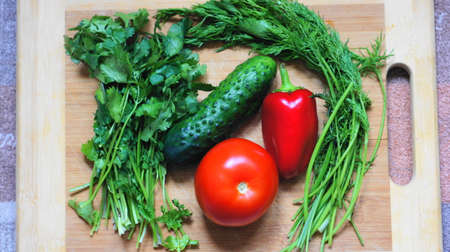 Still life with vegetables. A set of vegetables consisting of tomato, cucumber, bell pepper, parsley, dill and garlic. This is on the cutting board.の写真素材