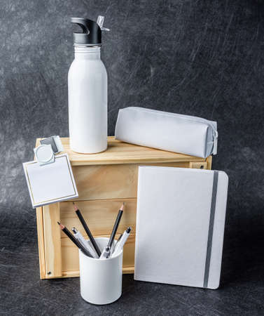 white luxury stationary template for branding in dark grey backgroundの写真素材