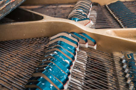 Strings and hammers inside the old pianoの写真素材