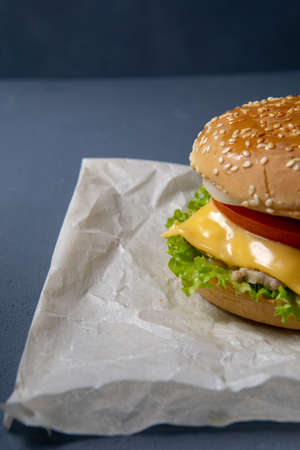Burger with beef patty, salad, a slice of tomato and cheese, onions and sauce with paprika in a grilled bun with sesameの写真素材