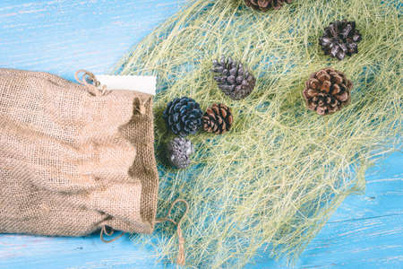 Christmas balls and bumps on a blue backgroundの写真素材