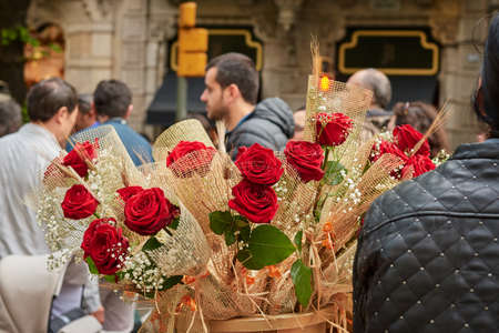 Barcelona, Spain - April 23 2019: St. George's Day, patron saint of catalonia, day of love, the book...