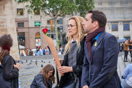 Barcelona, Spain - April 23 2019: St. George's Day, patron saint of catalonia, day of love, the book and the roseのeditorial素材