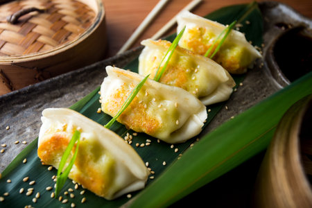 Japanese gyoza. Traditional Japanese dumplings stuffed with meat and vegetables.の写真素材