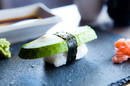 Vegan Nigiri Sushi with green asparagus. Vegetarian Japanese Food.の写真素材