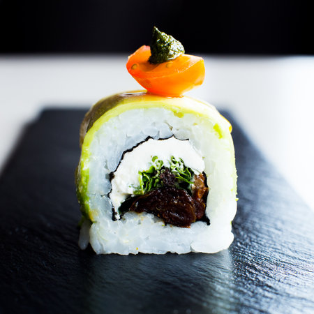 Vegan uramaki. Type of sushi covered with rice on the outside and filled with a combination of vegetables.の写真素材