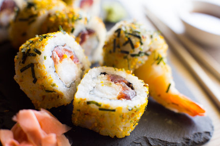 Ebi Sushi. Sushi rice combined with premium prawns.の写真素材