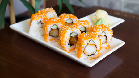 Ebi Sushi. Sushi rice combined with premium prawns.の写真素材
