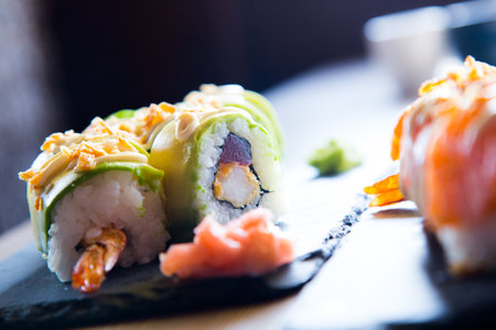 Ebi Sushi. Sushi rice combined with premium prawns.の写真素材