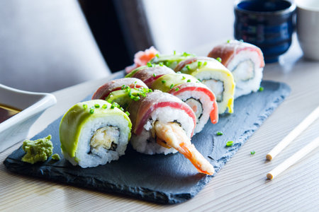 Ebi Sushi. Sushi rice combined with premium prawns.の写真素材