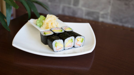Surimi sushi roll in a restaurant in Tokyo.の写真素材