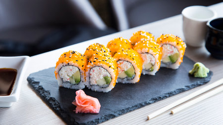Surimi sushi roll in a restaurant in Tokyo.の写真素材