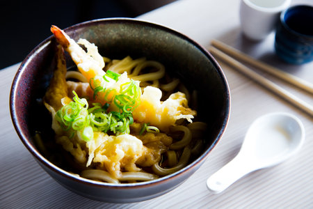 Ramen Japanese soup with shrimp and vegetables. Traditional Osaka recipe.の写真素材
