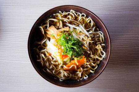Vegan japanese soup ramen with vegetables. Traditional Osaka recipe.の写真素材