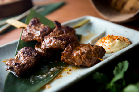Japanese style beef skewers with teriyaki sauce.の写真素材