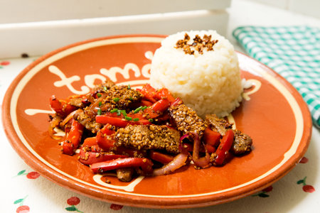 Beef dish with soy sauce and peppers served with white rice.の写真素材
