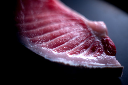 Fresh toro tuna on a black background. High quality fish from the area of the islands in Spain.の写真素材