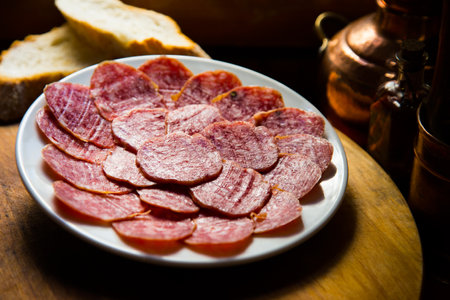 Spanish tapa with several premium sausages such as ham and loin. Top quality Spanish ham from the Extremadura area.の写真素材