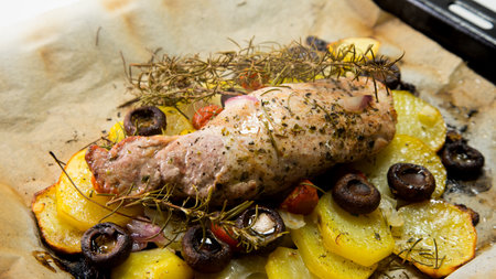 Beef tenderloin with baked vegetables.の写真素材