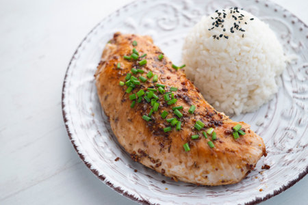 Grilled turkey tenderloin with rice.の写真素材