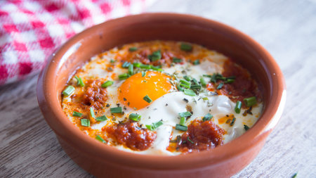 Egg cooked in the oven with sobrassada. Traditional Spanish cover.の写真素材