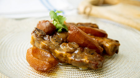 Roasted beef churrasco cooked with pears.の写真素材