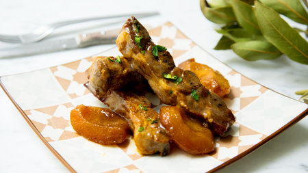 Roasted beef churrasco cooked with pears.の写真素材