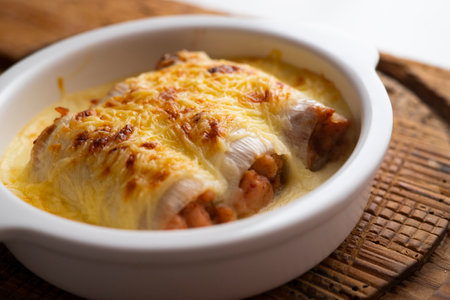 Leek cannelloni stuffed with meat, vegetables and spinach gratin in the oven. Traditional Christmas recipe in Spain.の写真素材