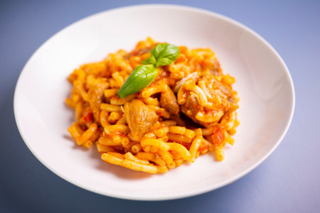 Fideua with pork. Casserole noodles with pork and sausages. Traditional Spanish cover.の写真素材
