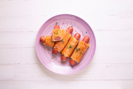Recipe Flamenquines. Sausages covered with ham and cheese, fried and battered.の写真素材