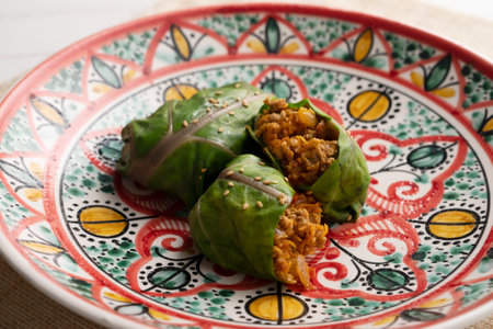 Chard packets stuffed with spiced shredded lambの写真素材