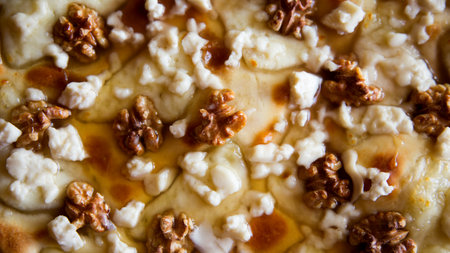 Sweet pizza with fresh cheese, nuts and honey. Neapolitan pizza made with Italian Recipe.