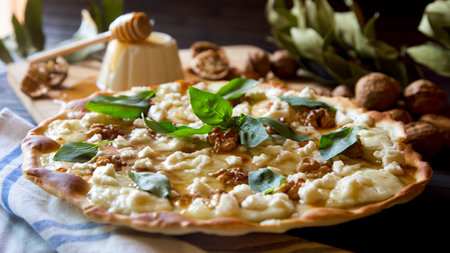 Sweet pizza with fresh cheese, nuts and honey. Neapolitan pizza made with Italian Recipe.の写真素材