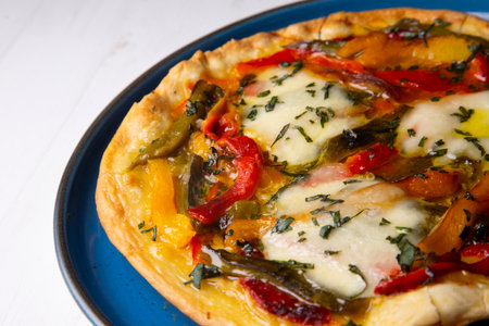 Pizza with roasted peppers and mozzarella. Traditional Neapolitan pizza recipe.の写真素材