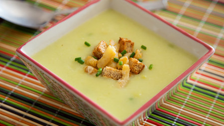Cream of green asparagus and vegetables. Traditional Spanish tapas recipe.の写真素材