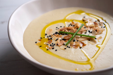 Creamy leek and toasted almond soup. Traditional Spanish tapas recipe.の写真素材