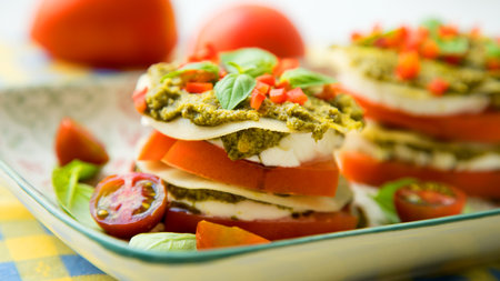Cold lasanga with tomato, mozzarella, and ham with pesto.の写真素材