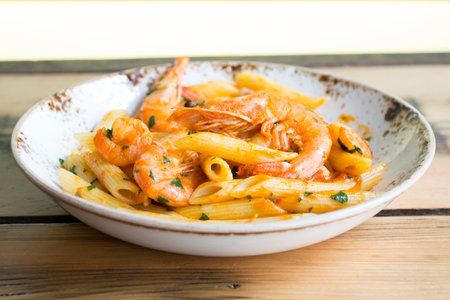 Pasta frutti di mare. Spaghetti with prawns from the Mediterranean sea.の写真素材