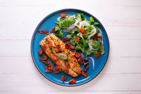 Pomfret with tomato sauce and salad.