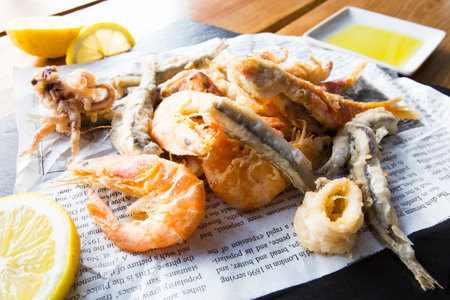 Plate with assorted fried fish. Cover of the coast of Spain.の写真素材
