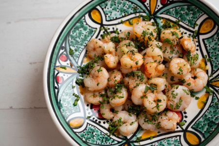 Gambas al ajillo Spanish tapa. Shrimp scampi. Prawns cooked with olive oil, garlic and hot pepper.の写真素材