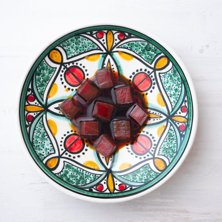 Top quality tuna cubes marinated with soy sauce. Japanese recipe.