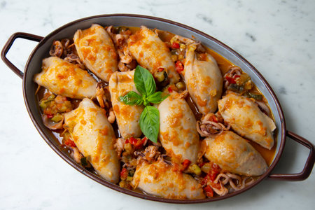 Braised squid stuffed with vegetables and meat. Traditional Spanish tapas recipe.