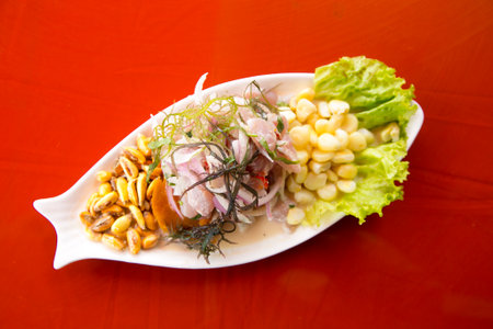 Preparing a delicious Peruvian sea bass ceviche in the fishing port of Chorios in Lima.の写真素材