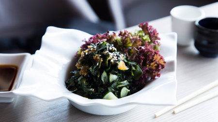Asian seaweed salad with miso sauce. Traditional asian recipe.の写真素材